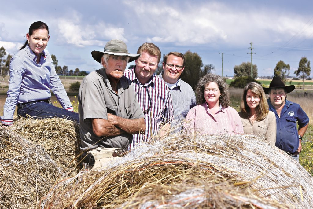 CDRV volunteers Amanda and Brian Nothdurft, Brian and Caroline Myer, Sharon Beoysen and Noel Grosskopf with Swan Creek farmer John Gosen who donated 40 round bales to the Longreach drought appeal. Photo Jayden Brown / Warwick Daily News